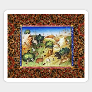 BOOK OF HUNTING,RABBITS IN WOODLAND LANDSCAPE, GREENERY Medieval Miniature Magnet